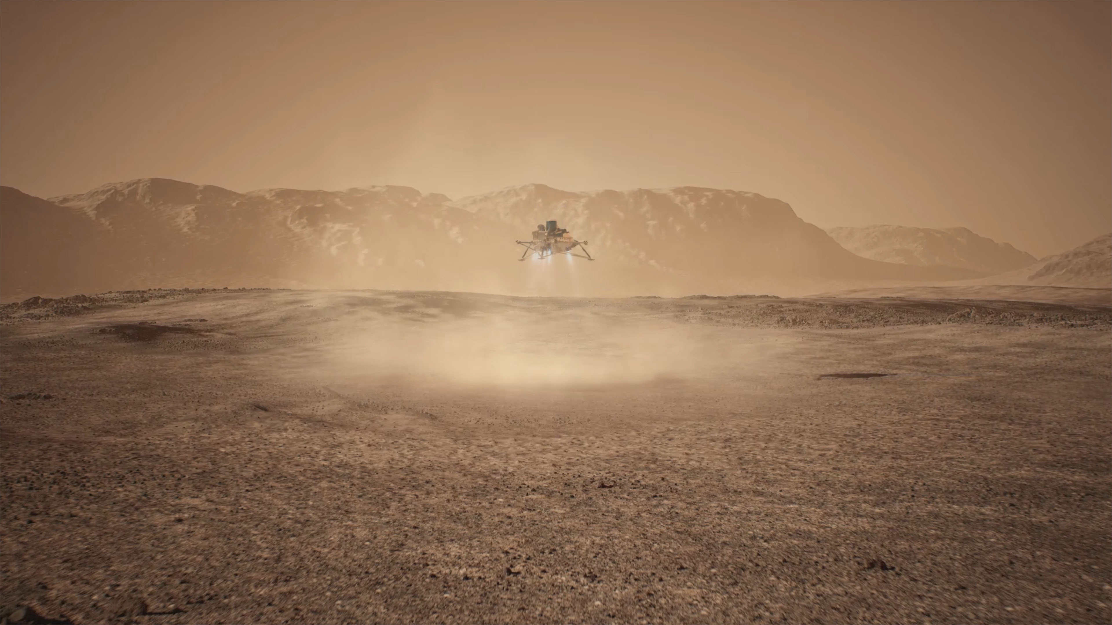Artist interpretation of Lockheed Martin's Mars Sample Return lander approaching the surface of the Red Planet.