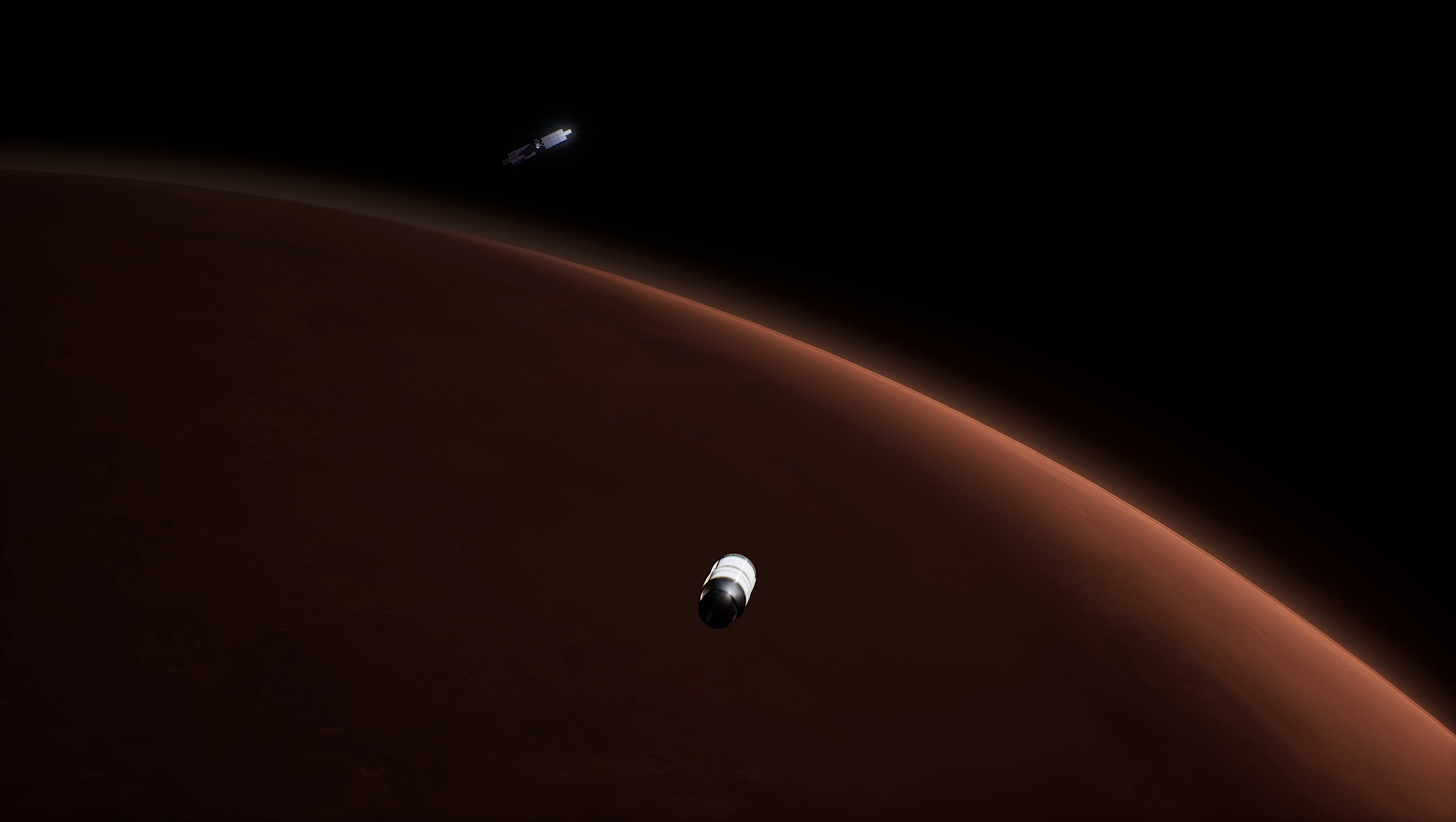 Artist interpretation of Lockheed Martin's Mars Sample Return Mars Ascent Vehicle approaching the Earth return orbiter.